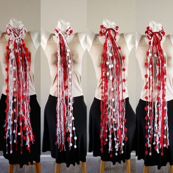 Hand Crafted Boho Wall Hanging Decor or Scarves Red White and Silver set of 4 - Picture 8 of 14